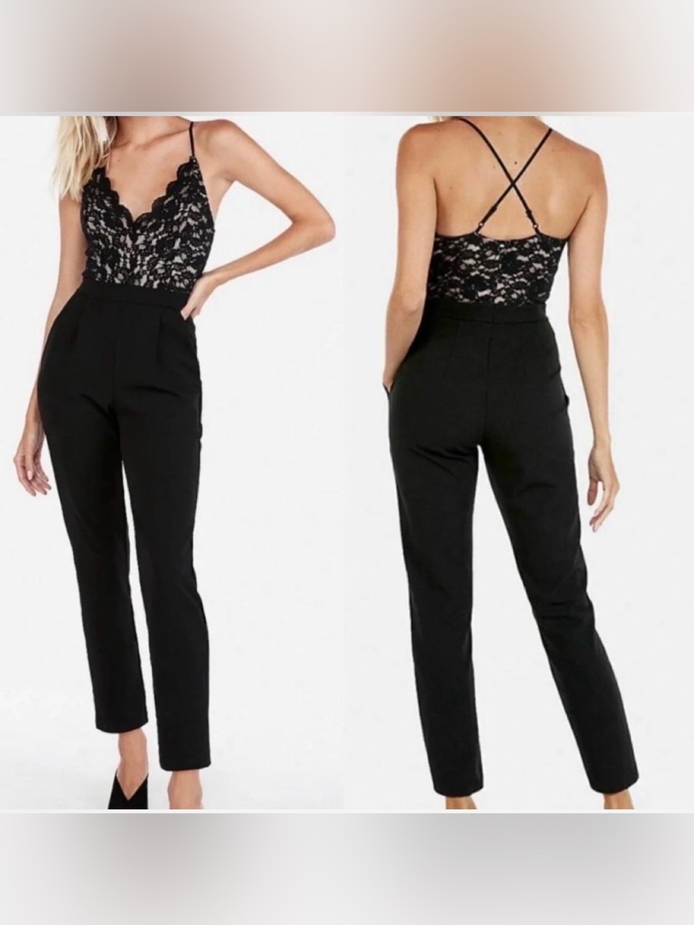 Express Black Lace-Top Cropped Jumpsuit M